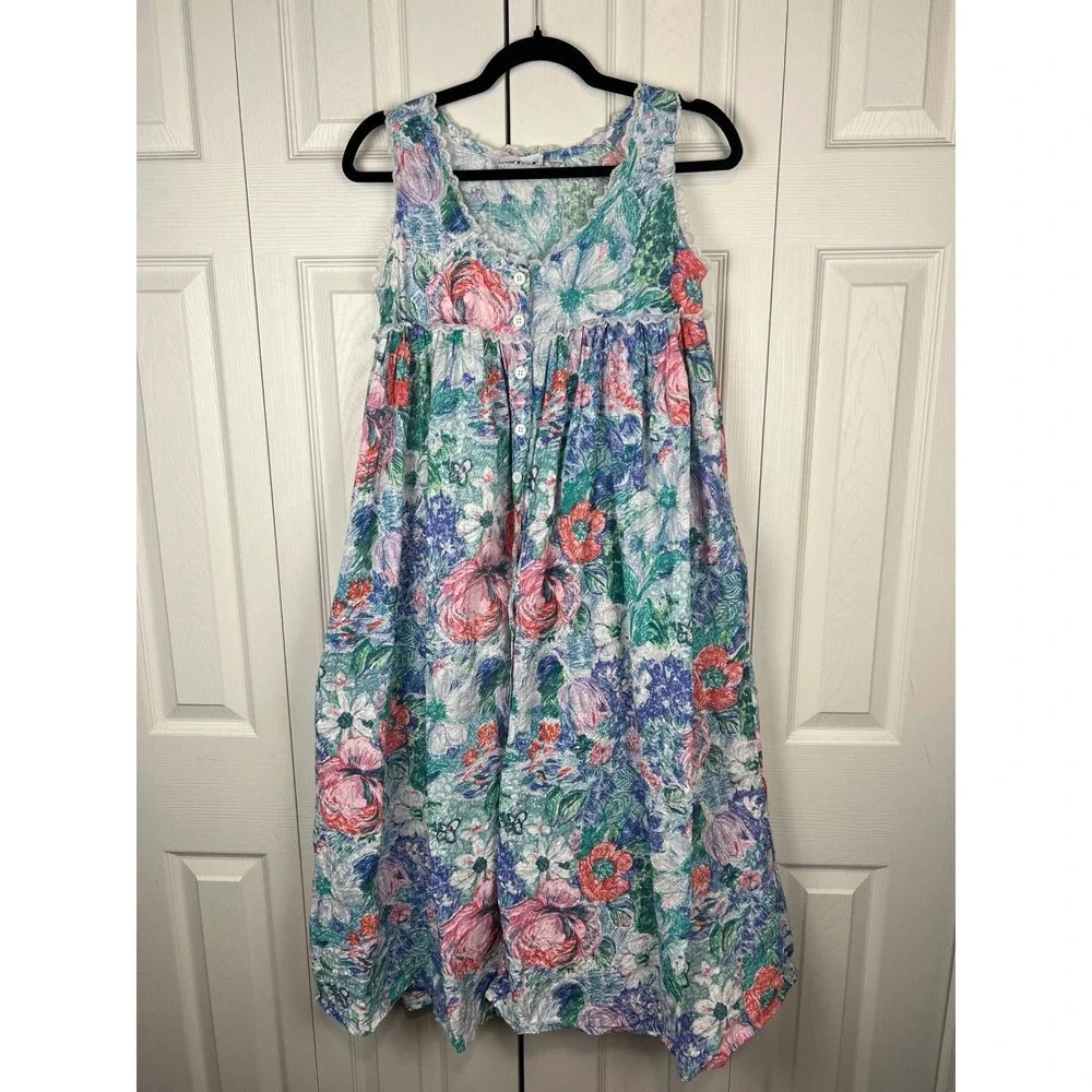 Star of India Floral Nightgown Cottagecore Grannycore Boho Blue Cotton Small